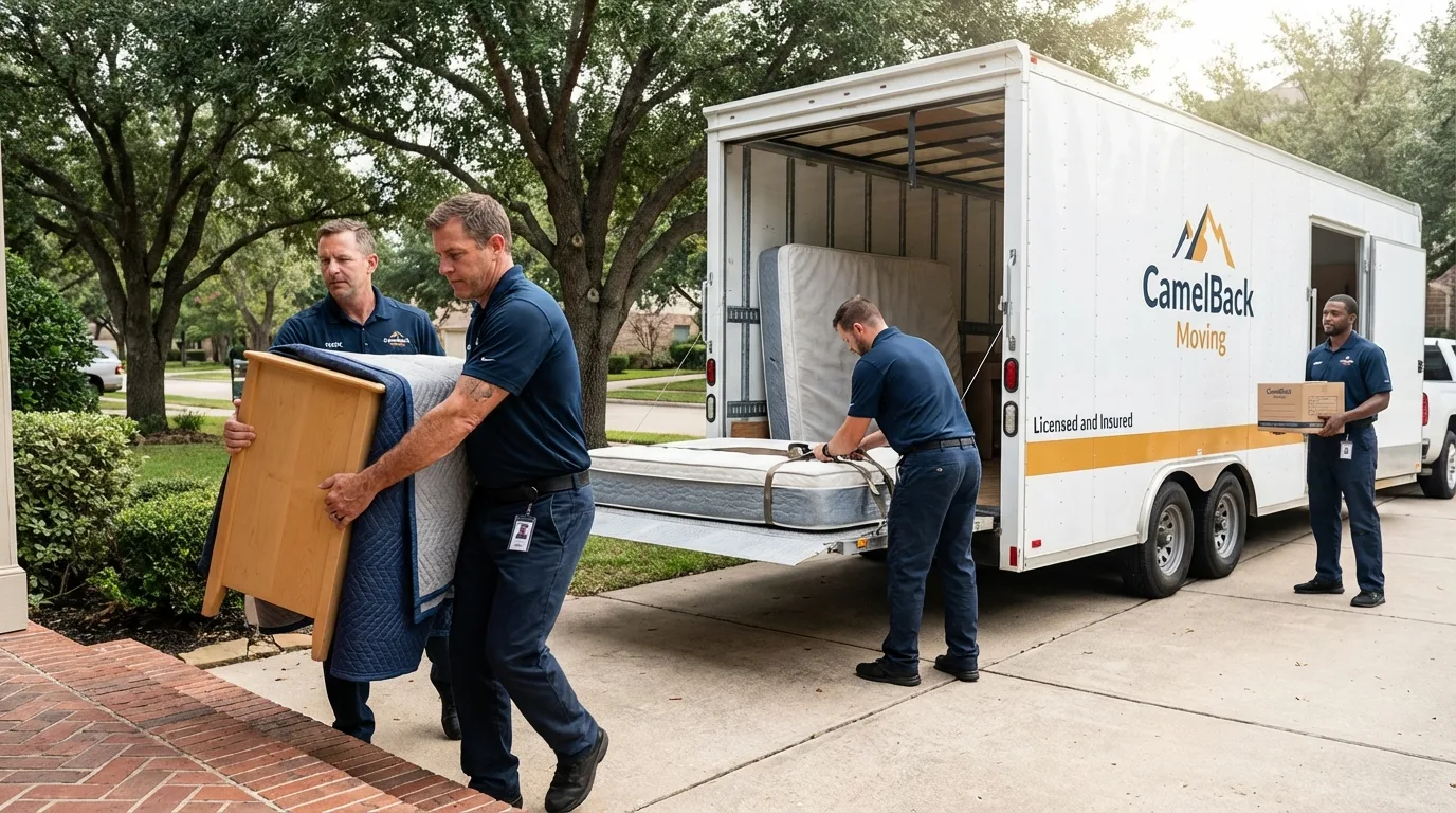Crew loading residential truck for cross-state move from Bella Vista, CA