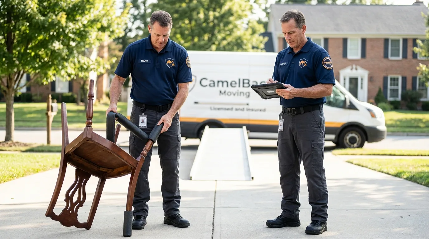 Movers inspecting furniture for damage prevention before loading in Bella Vista, CA